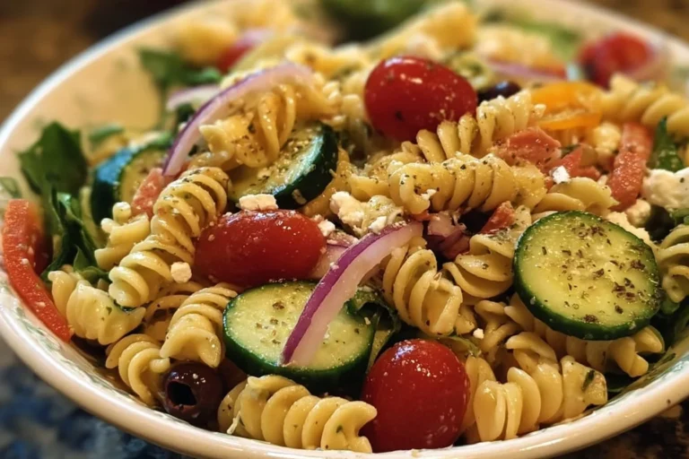 Delicious Olive Garden pasta salad with fresh vegetables and dressing