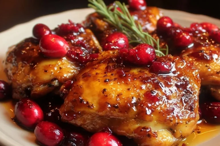 Delicious Orange Cranberry Chicken Thighs garnished and ready to serve.