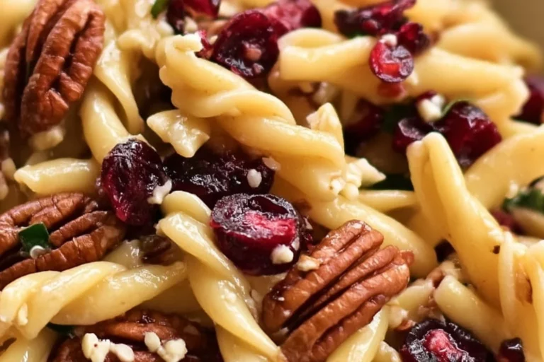 Bowl of Pecan Cranberry Pasta Salad showcasing vibrant ingredients and textures