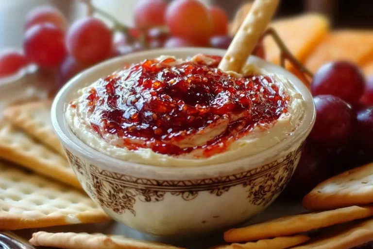 Delicious Pepper Jelly Boursin Dip served with crackers and vegetables