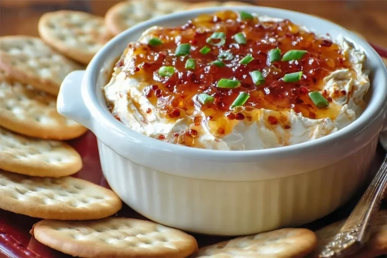 Pepper jelly cream cheese dip served with crackers and fresh vegetables