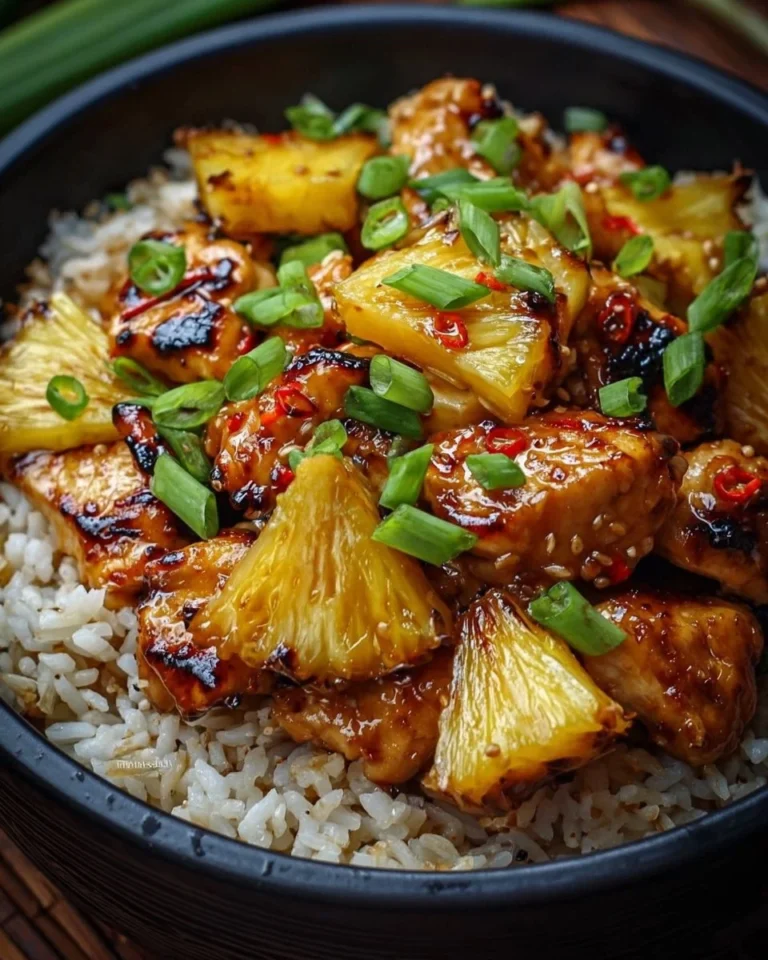 A delicious plate of Pineapple Chicken and Rice with colorful vegetables.