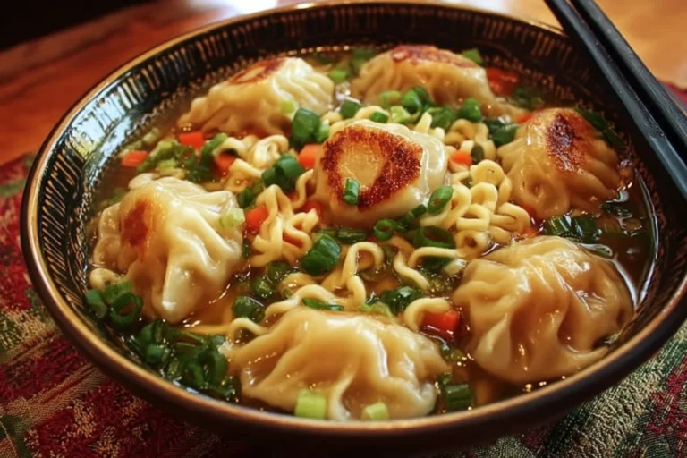 Delicious Potsticker Noodle Bowl topped with fresh herbs and veggies.