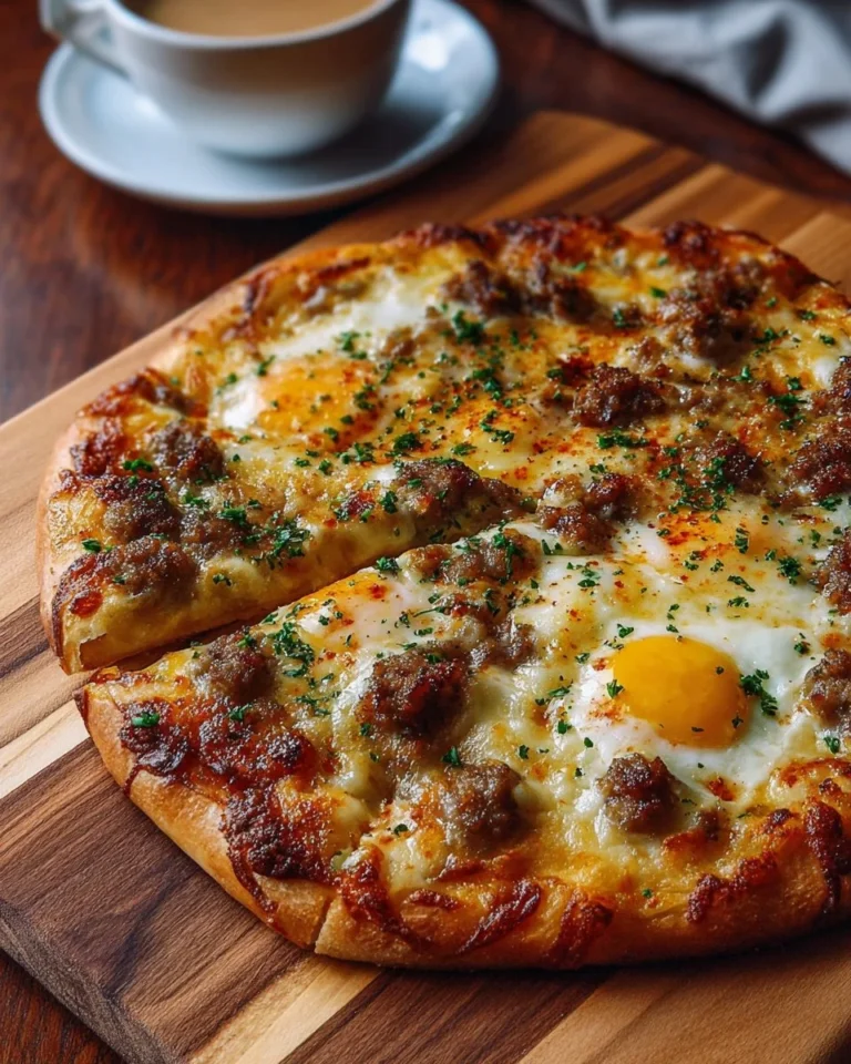 Sausage gravy breakfast pizza topped with cheese and herbs.