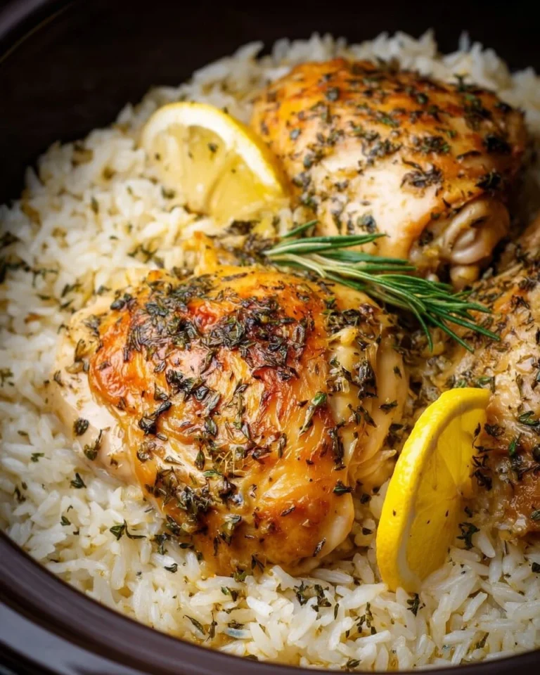 Slow Cooker Lemon Herb Chicken served with fluffy rice on a plate