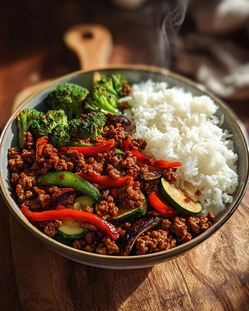 Spicy Ground Beef Stir-Fry Bowl with Garlic Veggies & Steamy Rice
