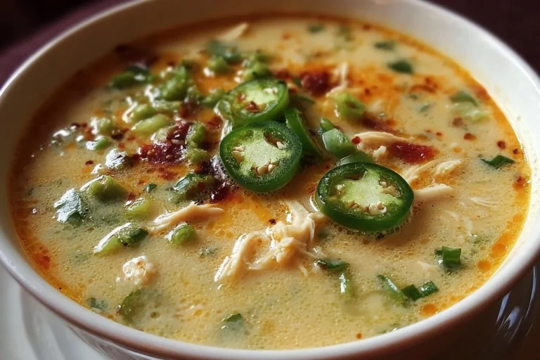 Bowl of spicy jalapeño popper chicken soup garnished with jalapeños and cheese