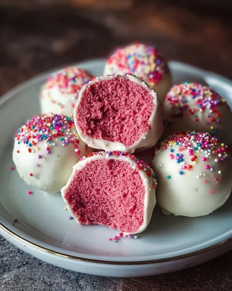 Delicious Strawberry Cake Truffles on a white plate with fresh strawberries