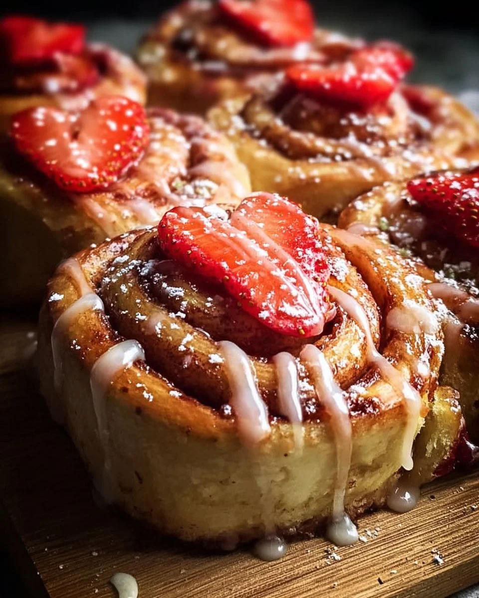 Delicious strawberry cinnamon rolls topped with icing on a wooden table