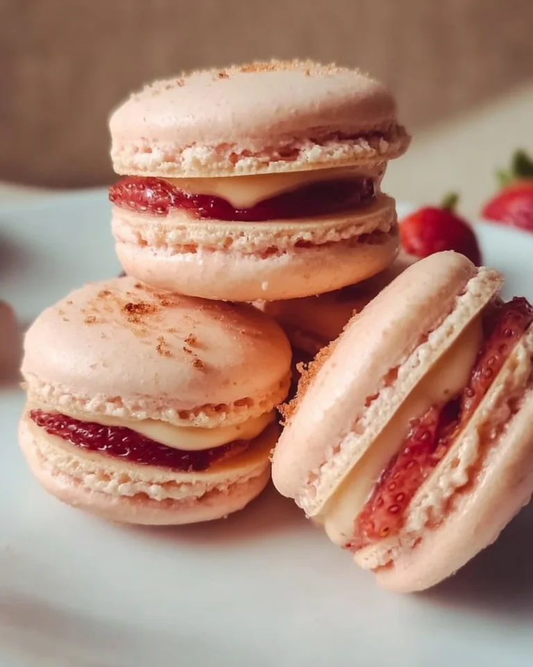 Delicious homemade strawberry macarons on a elegant dessert platter