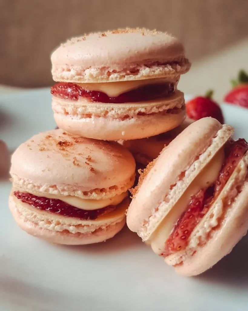 Delicious homemade strawberry macarons on a elegant dessert platter