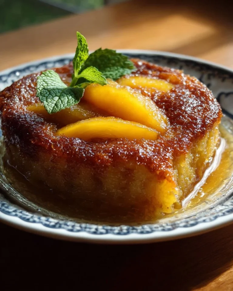 Delicious Tennessee Peach Pudding served in a bowl with fresh peaches
