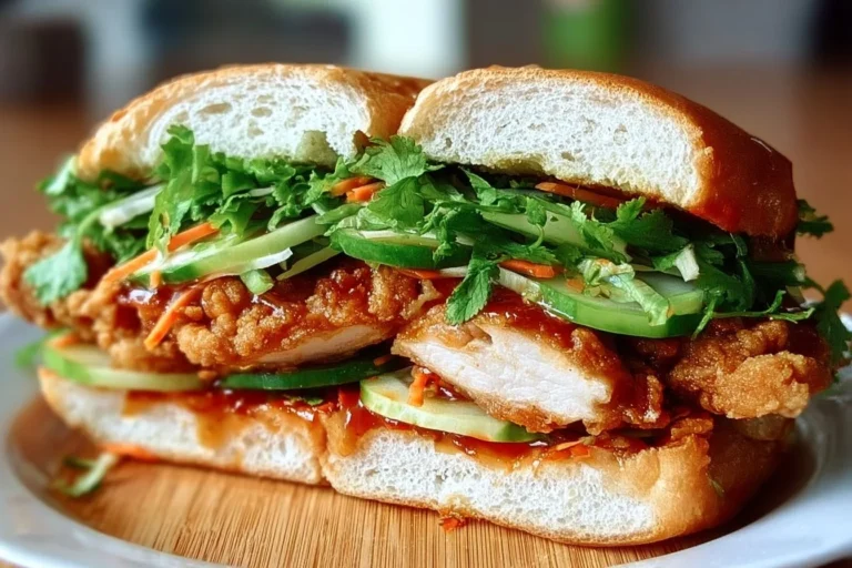 Delicious Thai Fried Chicken Sandwich topped with fresh ingredients