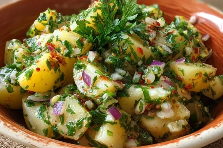 A vibrant bowl of Turkish Potato Salad with fresh herbs and spices