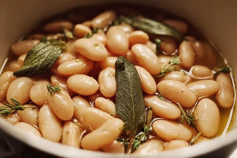 A bowl of Tuscan White Beans garnished with herbs and spices.