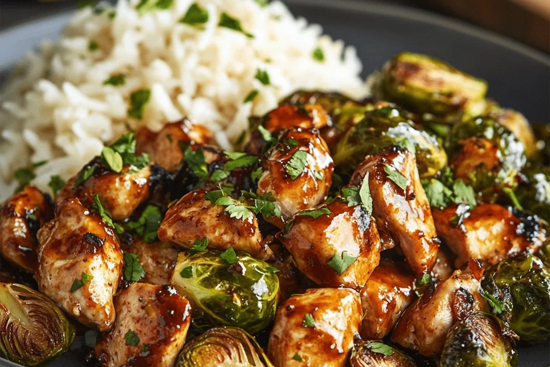Plate of Air Fryer Sweet Chili Chicken and Brussels Sprouts