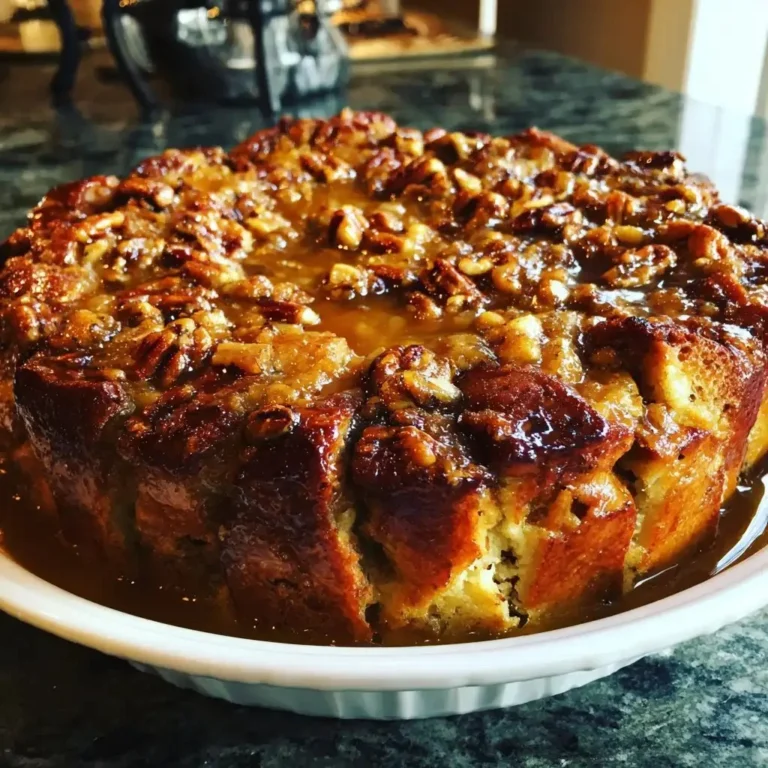 Delicious Apple Cider Pecan Bread Pudding served on a plate