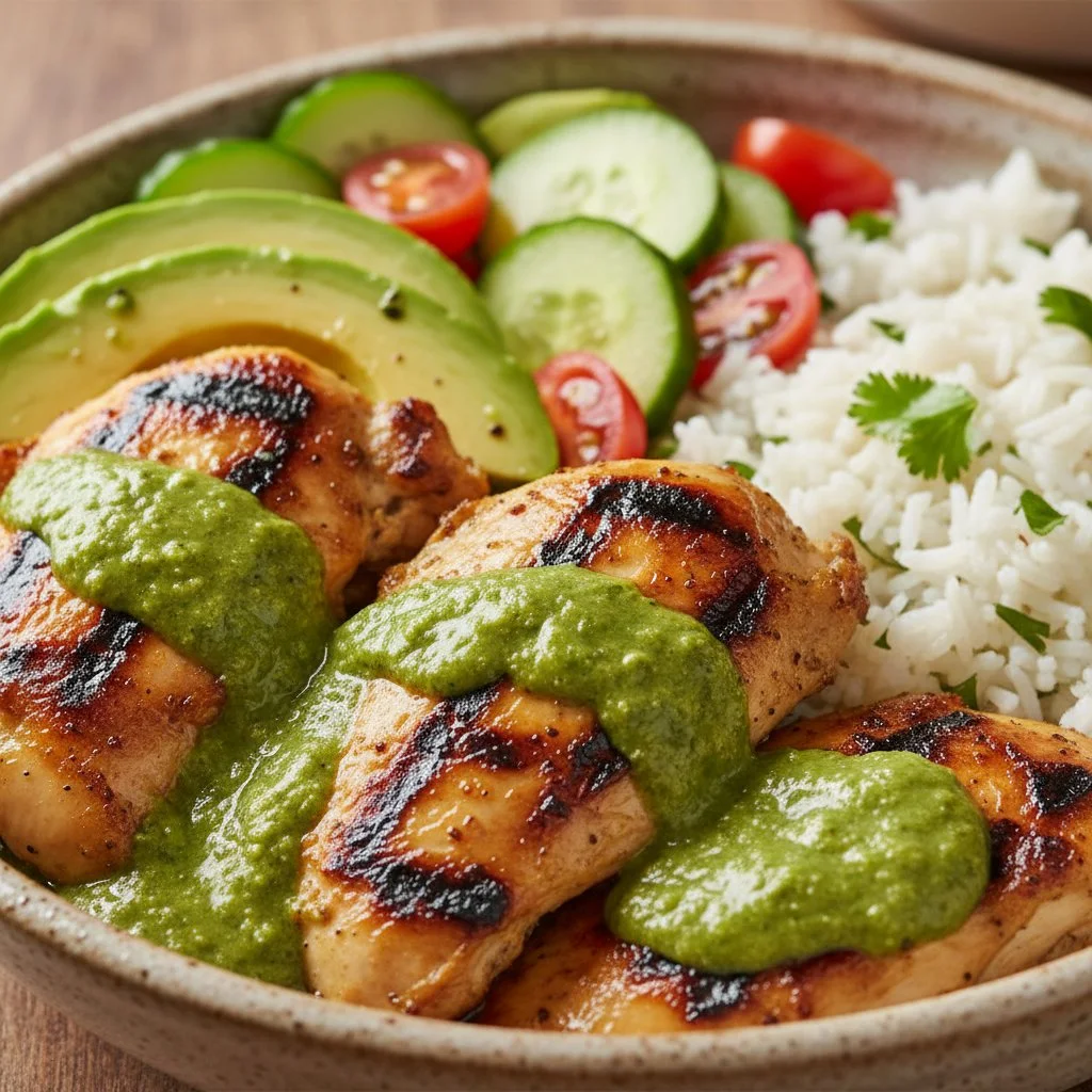 Plate of authentic Pollo a la Brasa, Peruvian grilled chicken served with sides.