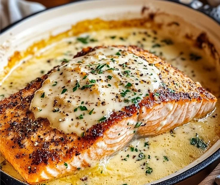 Delicious Baked Boursin Salmon dish served on a plate with herbs