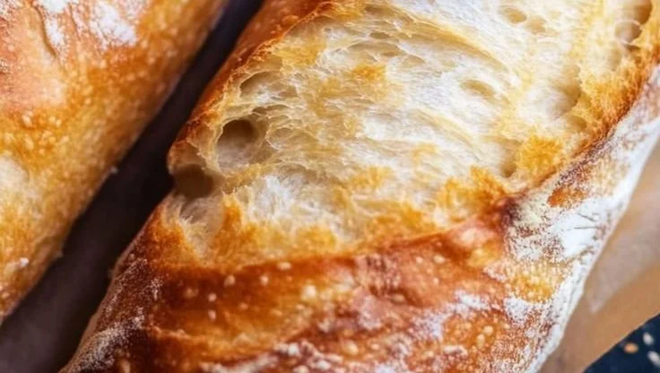 Freshly baked classic French baguette resting on a wooden table.