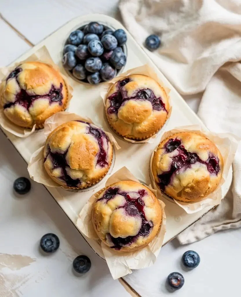 Delicious Cottage Cheese Blueberry Muffins on a wooden table