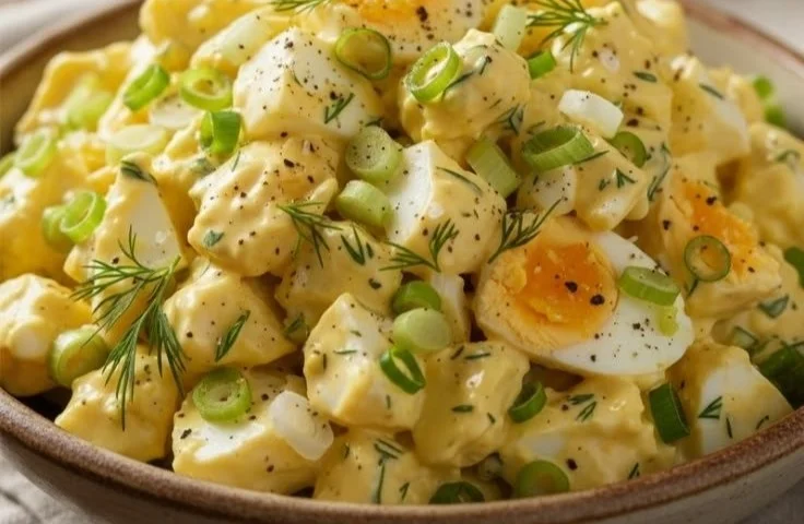 Bowl of creamy egg salad with fresh herbs and spices