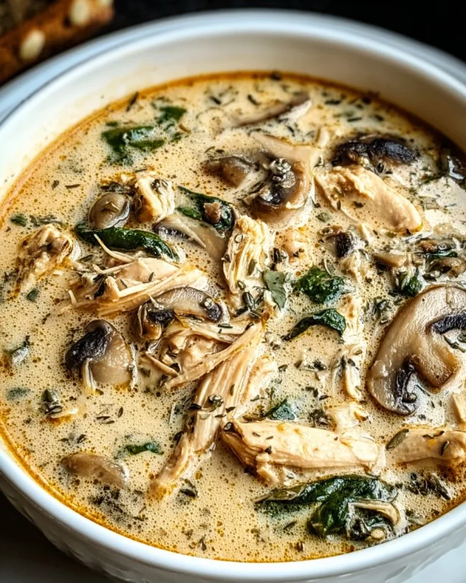 Creamy rotisserie chicken mushroom soup served in a bowl with herbs