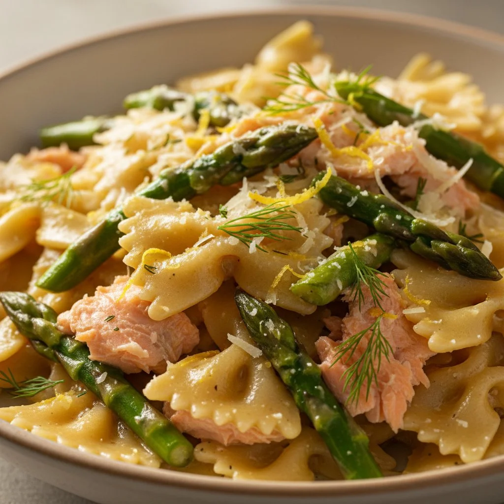 Creamy salmon asparagus pasta garnished with fresh herbs in a bowl.