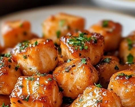 Crispy air fryer honey garlic salmon bites plated with garnish