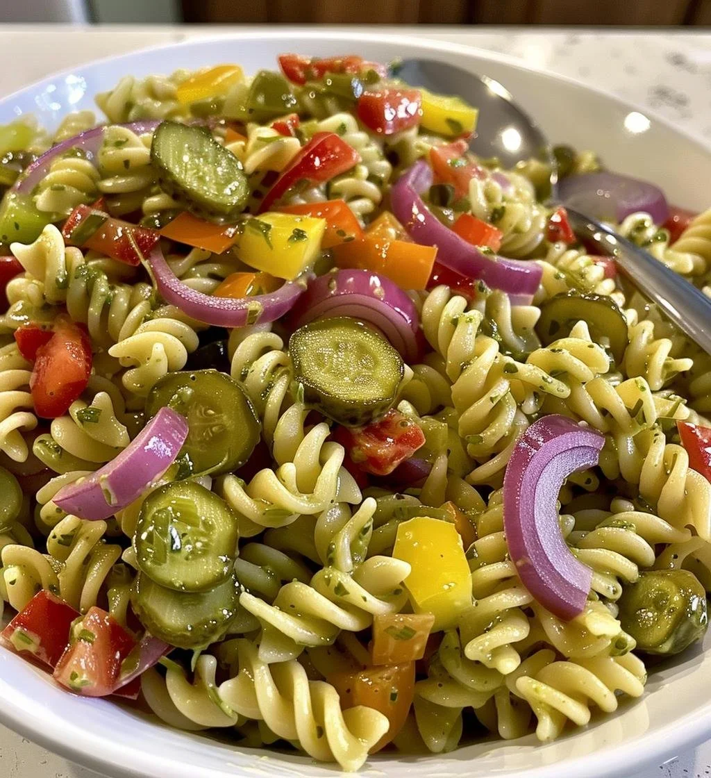 Colorful Dill Pickle Pasta Salad served in a bowl with fresh ingredients.
