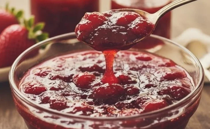 Jar of easy homemade strawberry jam with fresh strawberries and bread.