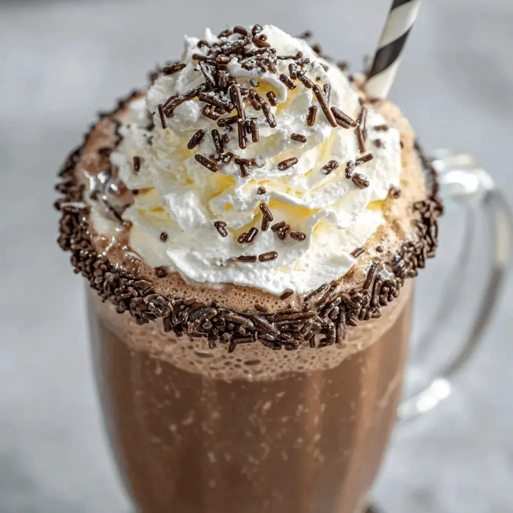 Delicious Frozen Hot Chocolate topped with whipped cream and chocolate shavings