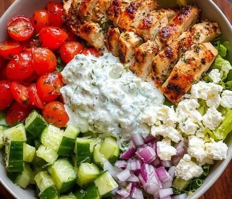 Delicious Greek Chicken Bowl with vegetables and tzatziki sauce