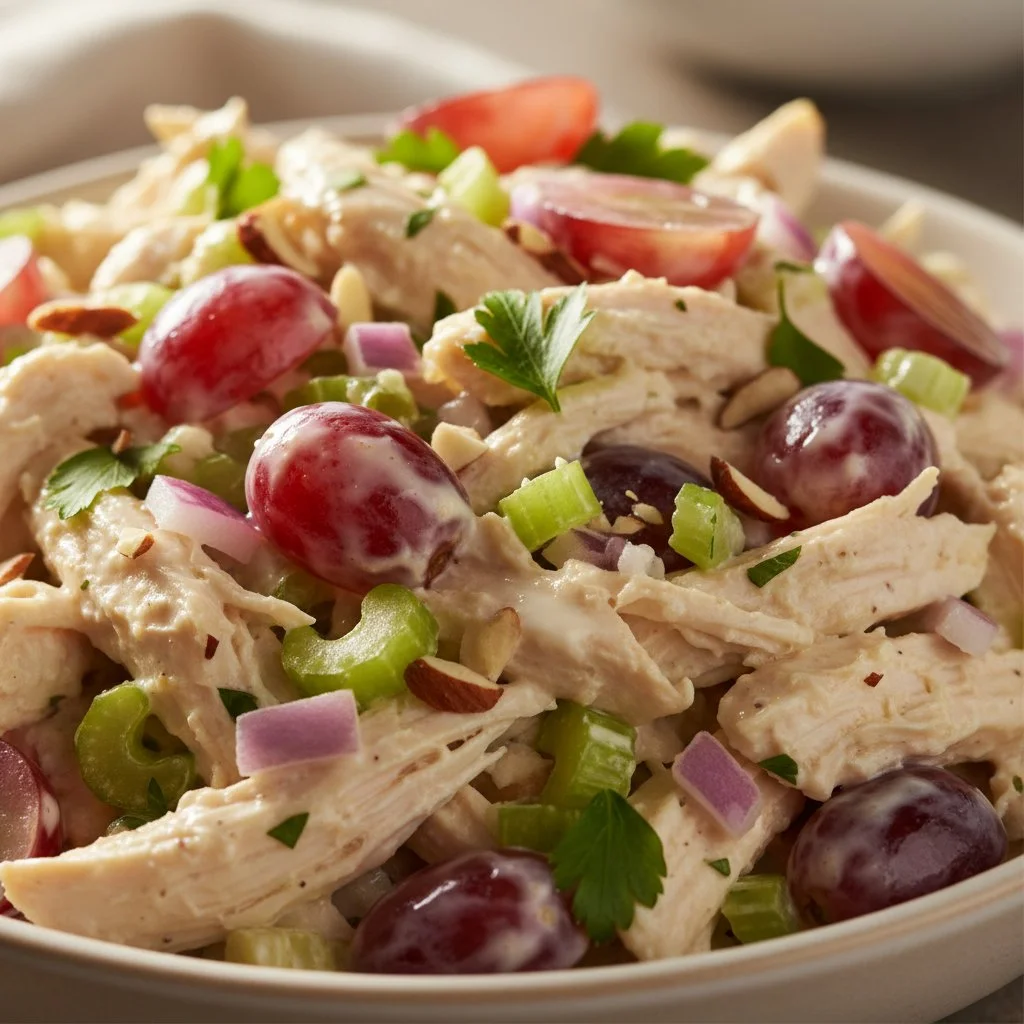 Delicious Greek yogurt chicken salad with dill and lemon zest in a bowl.