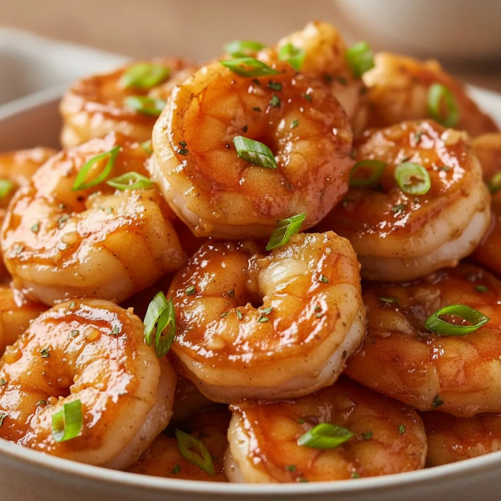 Delicious honey garlic shrimp with a sticky sauce served on a plate