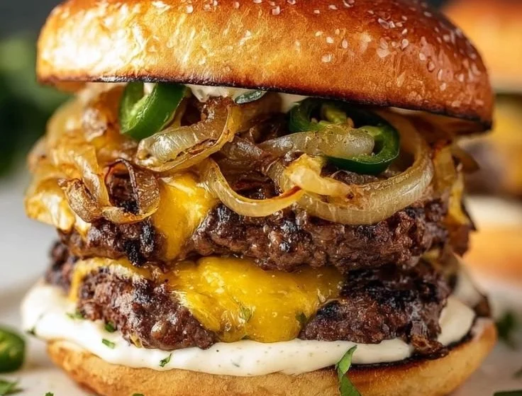 Jalapeño-Onion Smash Burger served on a plate with toppings