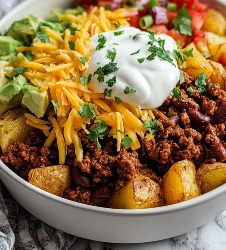 Delicious Loaded Potato Taco Bowl with toppings and garnishes