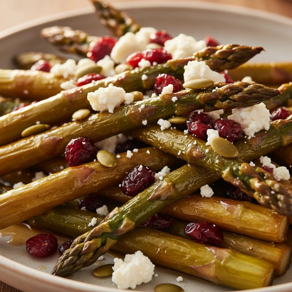 Plate of Maple Balsamic Roasted Asparagus garnished and ready to serve.