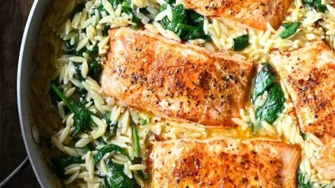 One Skillet Salmon served with Lemon Orzo in a pan