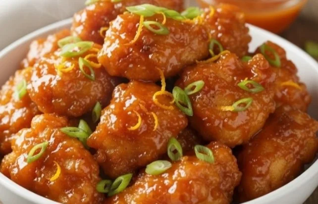 Plate of crispy orange chicken with a tangy sauce and garnishes