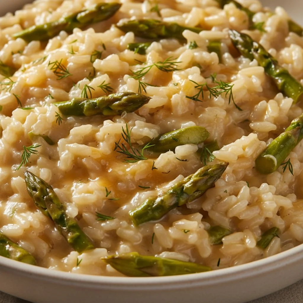 Creamy asparagus risotto served in a bowl with fresh herbs