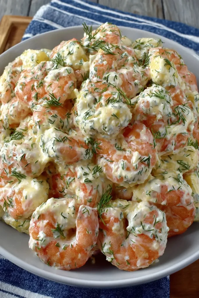 Delicious shrimp salad served in a bowl with fresh vegetables and dressing