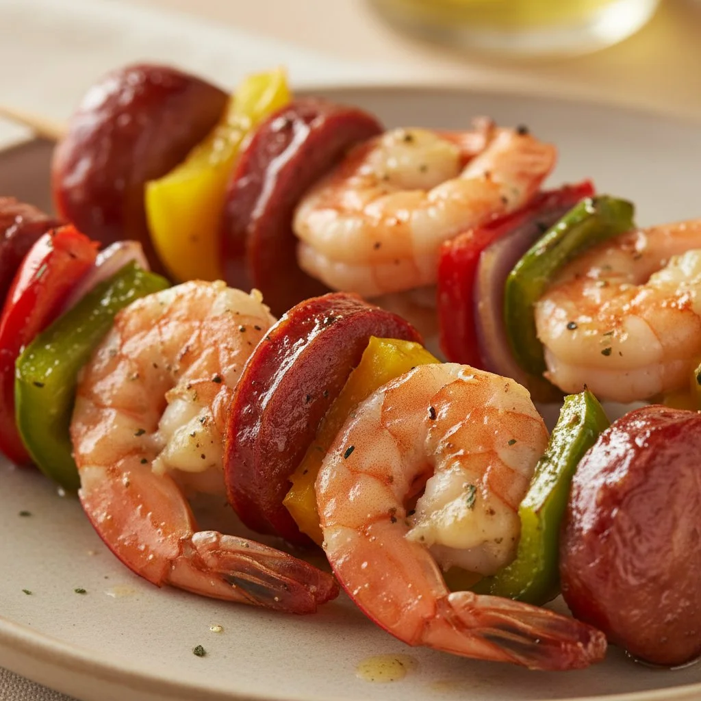 Smoky-sweet sausage shrimp kabobs on a grill, ready to enjoy.