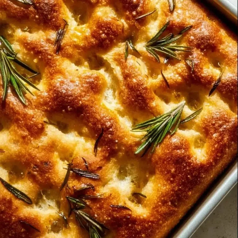 Freshly baked sourdough focaccia bread topped with herbs and sea salt.