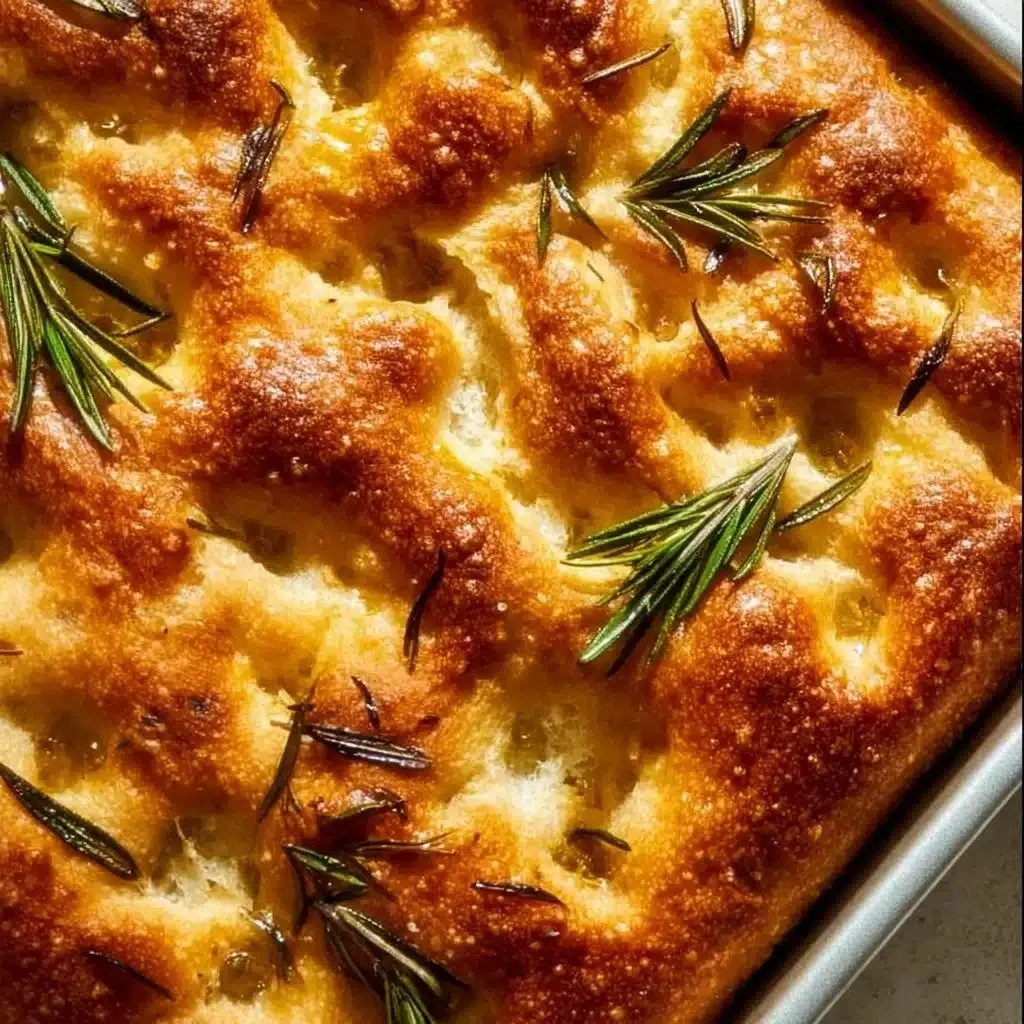 Freshly baked sourdough focaccia bread topped with herbs and sea salt.