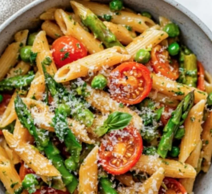 Spring vegetable pasta dish with fresh seasonal vegetables and herbs