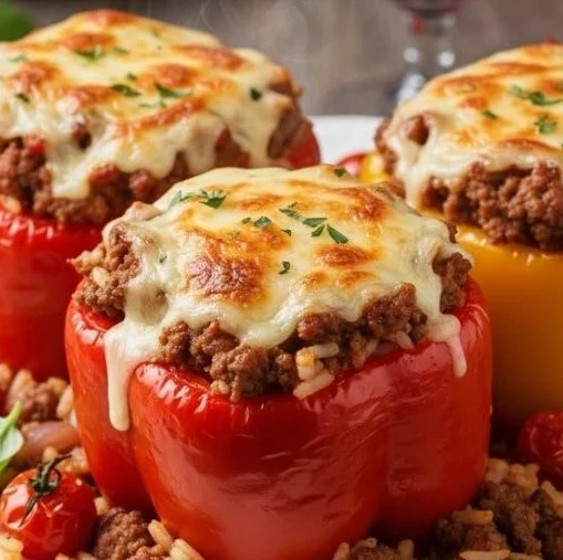 Delicious stuffed bell peppers filled with ground beef and topped with cheese