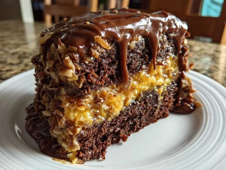 Slice of homemade German chocolate cake with coconut pecan frosting