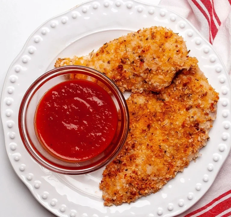 Crispy baked panko chicken on a plate garnished with herbs