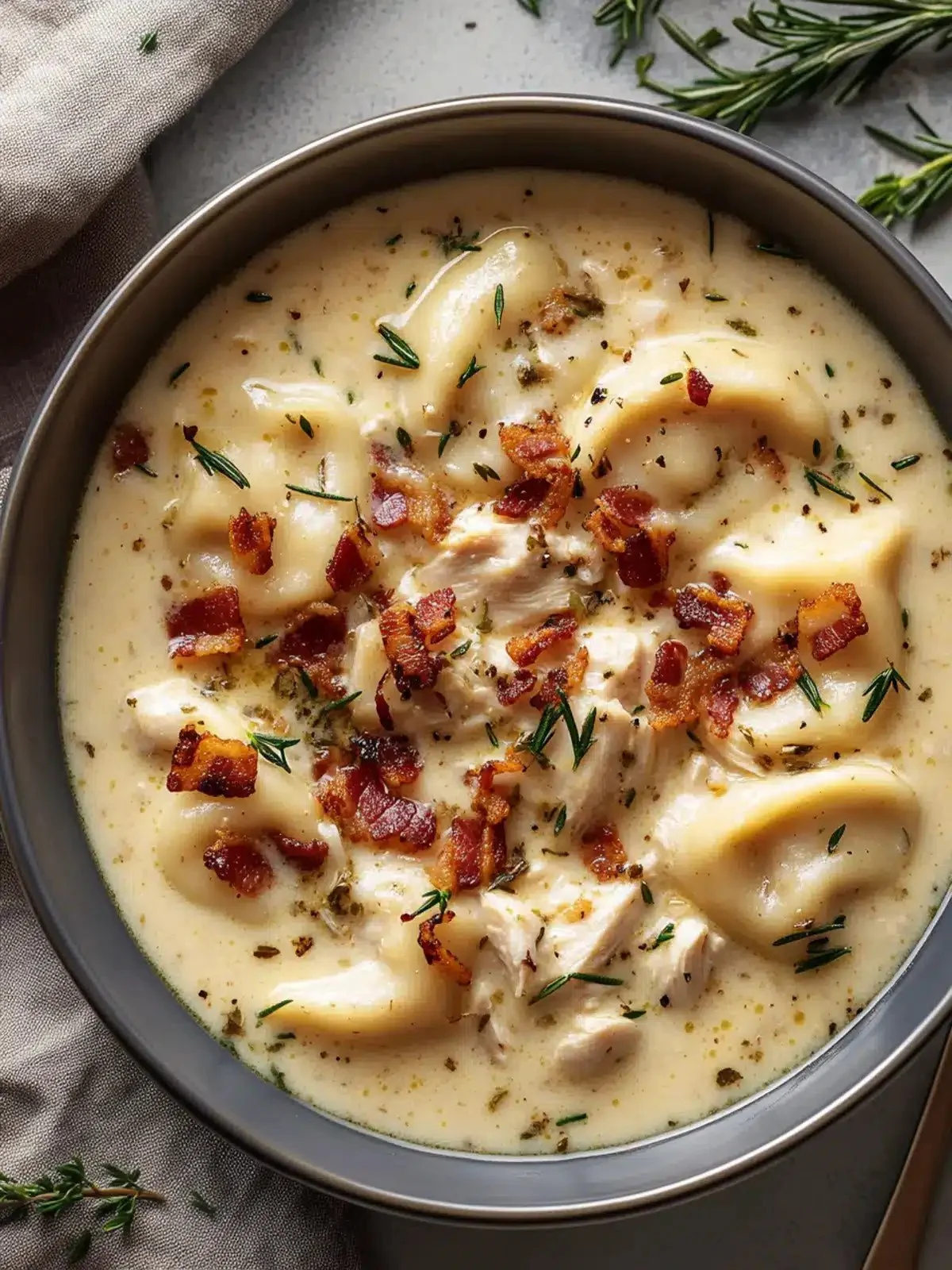 Creamy Pierogi Chicken Soup with Rosemary Bacon Bliss